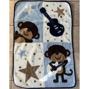 Baby Blanket Rockstar Monkey Blue Brown Squares Guitar Star Luxe‎ Fleece 43"x29"